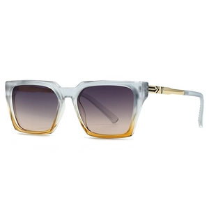 Fashionable square sunglasses with gray orange gradient frames and gold metal temples
