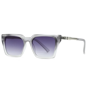 Stylish translucent grey matte sunglasses with gradient purple lenses and metal hinges