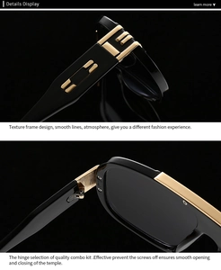 Macro view of modern retro sunglasses featuring gold metal hinge and textured frame design