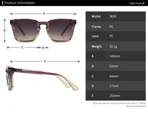 Detailed size chart for 3616 square sunglasses showing frame and lens dimensions in mm