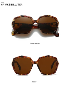 Detail view of retro tortoiseshell hexagonal sunglasses with tea lenses and gold metal trim