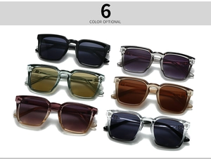 Detail showing 6 optional colors of square sunglasses with metal hinges and high-quality frames