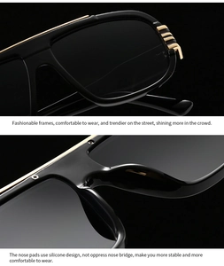 Detail of golden hinge accents and soft silicone nose pads on black retro sunglasses