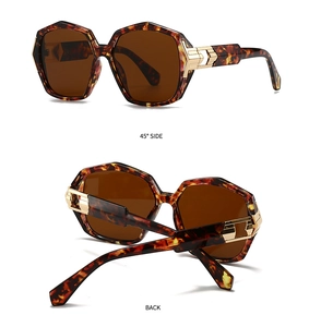 Detailed side and back view of retro hexagonal sunglasses with gold metal accents
