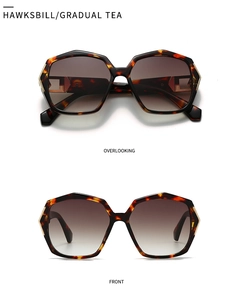 Detail view of tortoiseshell polygon sunglasses with brown gradient lenses and gold accents