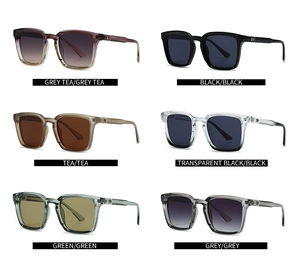 Detailed grid of rectangular sunglasses in six colors with metallic hinge accents
