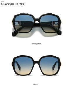 Top and front view of black hexagonal sunglasses with blue-to-brown gradient lenses