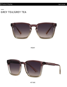 Detailed side view of square grey tea sunglasses with silver metal arrow hinge accents