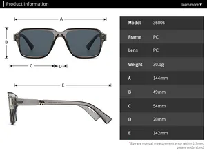 Detailed size chart for square sunglasses showing lens height and frame dimensions