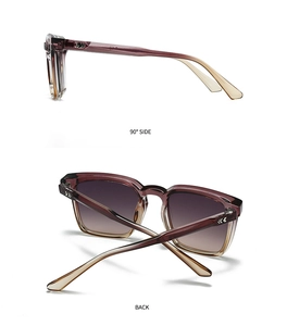 Detail view of square sunglasses with translucent dark red frames and gradient lenses