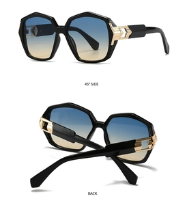 Detail view showing 45-degree side and back of polygon sunglasses with gold metal accents