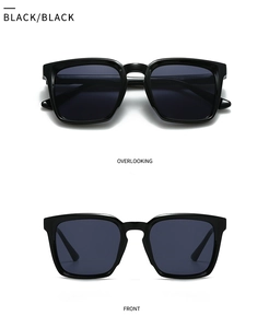 Detailed views of black square sunglasses from front and overlooking perspective