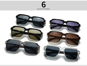 Six assorted classic square sunglasses in various lens colors with metallic temple detail
