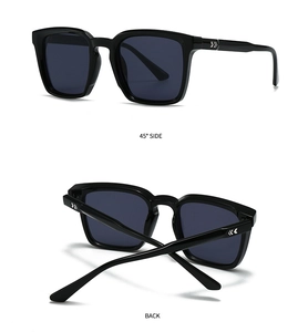 Square black sunglasses detail showing 45-degree side view and back angle on white background