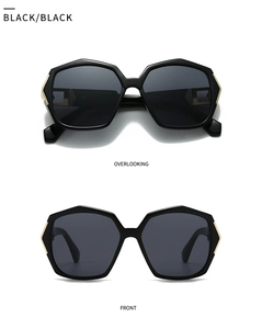 Front and top view of hexagonal black sunglasses with gold metal geometric detail
