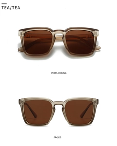 Front and top view of tea-colored square sunglasses with translucent resin frames