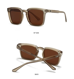Detail view of square sunglasses with brown translucent frames and metal arrow accents