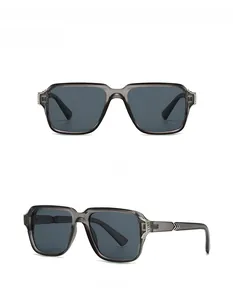 Front and 45-degree side view of square sunglasses with silver rivets in grey and black