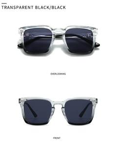 Front and top views of square sunglasses in transparent black to solid black gradient