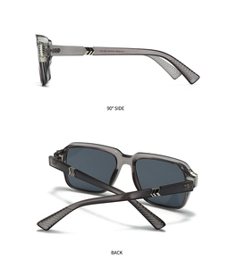 Detail view of square translucent grey sunglasses featuring silver arrow metal accents