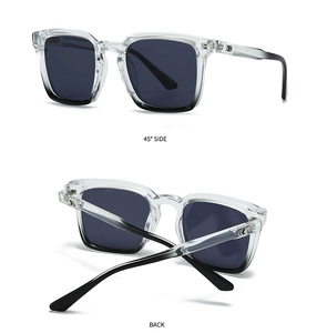 Detail view of transparent square sunglasses showing 45-degree side and back angles