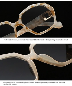 Detail view of comfortable silicone nose pads and durable metal hinges on geometric frames
