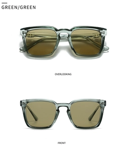 Detail view of transparent green square sunglasses with premium metal hinges
