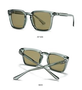 Detail views of 45-degree side and back fold on transparent grey square sunglasses
