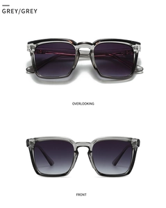 Front and top view of square translucent grey sunglasses with gradient grey lenses