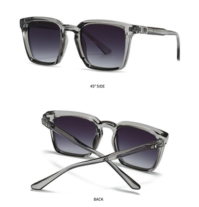 Dual view of square sunglasses with grey translucent frames and purple gradient lenses