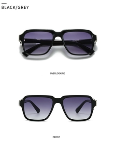 Detailed views of black square sunglasses with grey gradient lenses and silver metal hinges