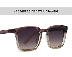 45-degree side view of square sunglasses with purple-yellow gradient frames and metal studs