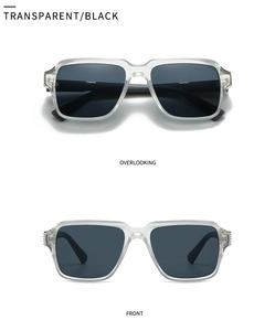 Detail view of transparent square sunglasses with black lenses and metal accents