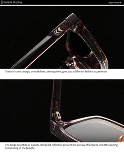 Detail of square translucent brown sunglasses frame with silver arrow metal hinges