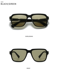 Detail of square black sunglasses with green lenses showing front and top views