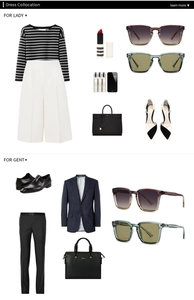 Flat lay of stylish outfit pairings for men and women featuring square frame sunglasses