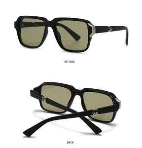 Detail view of square retro sunglasses with silver geometric hinges and olive green lenses
