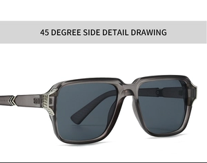 Detailed side view of translucent grey square sunglasses with silver metal rivets