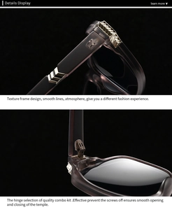 Macro detail of square sunglasses featuring golden V-shaped metal hinges and sturdy joints