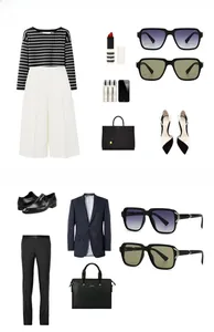Fashionable square sunglasses paired with chic outfits for men and women on white background
