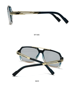 Vue détaillée de lunettes de soleil à monture dégradée bleue et branches dorées ajourées