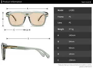 Detailed size chart of vintage oversized sunglasses with specific frame dimensions