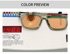 Detailed view of square gray sunglasses undergoing UV400 and UVA protection testing
