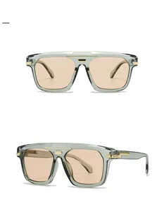 Front and 45-degree side views of modern retro oversized sunglasses in green and champagne
