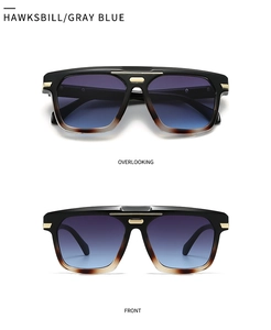 Detailed front and top views of tortoise sunglasses with blue gradient lenses and gold trim