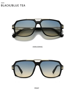 Détails de lunettes pilote avec monture noire, accents dorés et verres dégradés
