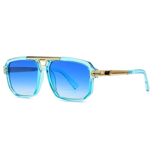 Modern oversized blue gradient sunglasses with stylish gold metal accents on frame