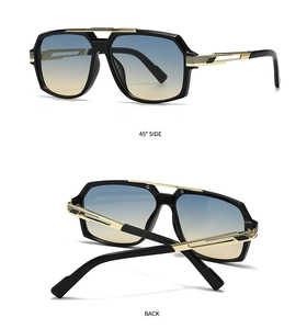 Détails des lunettes aviateur carrées avec monture noire et verres dégradés bleu-jaune