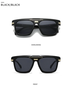 Detail of square oversized black sunglasses with luxury gold accents in dual views