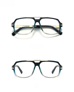 Vue de face et de dessus d'une monture de lunettes rétro bleu dégradé détaillée